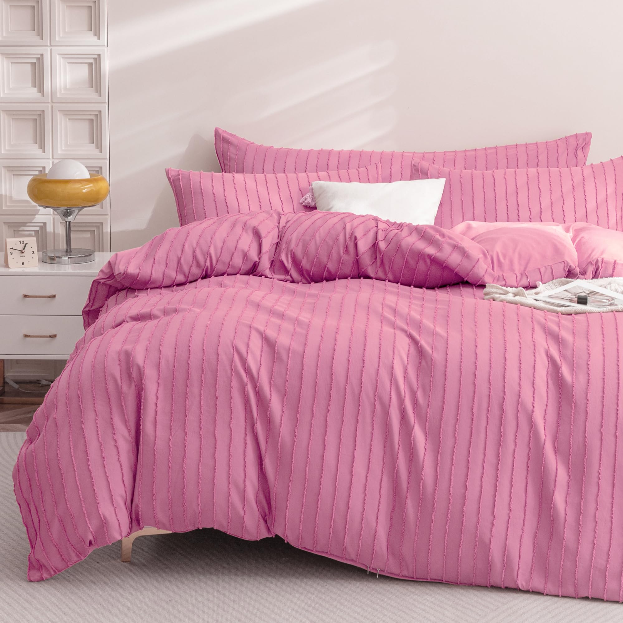 Jellymoni Barbie Pink Duvet Cover King Size - 3Pcs Microfiber Tufted Duvet Cover Set, Boho Striped Tufted Textured Duvet Cover W